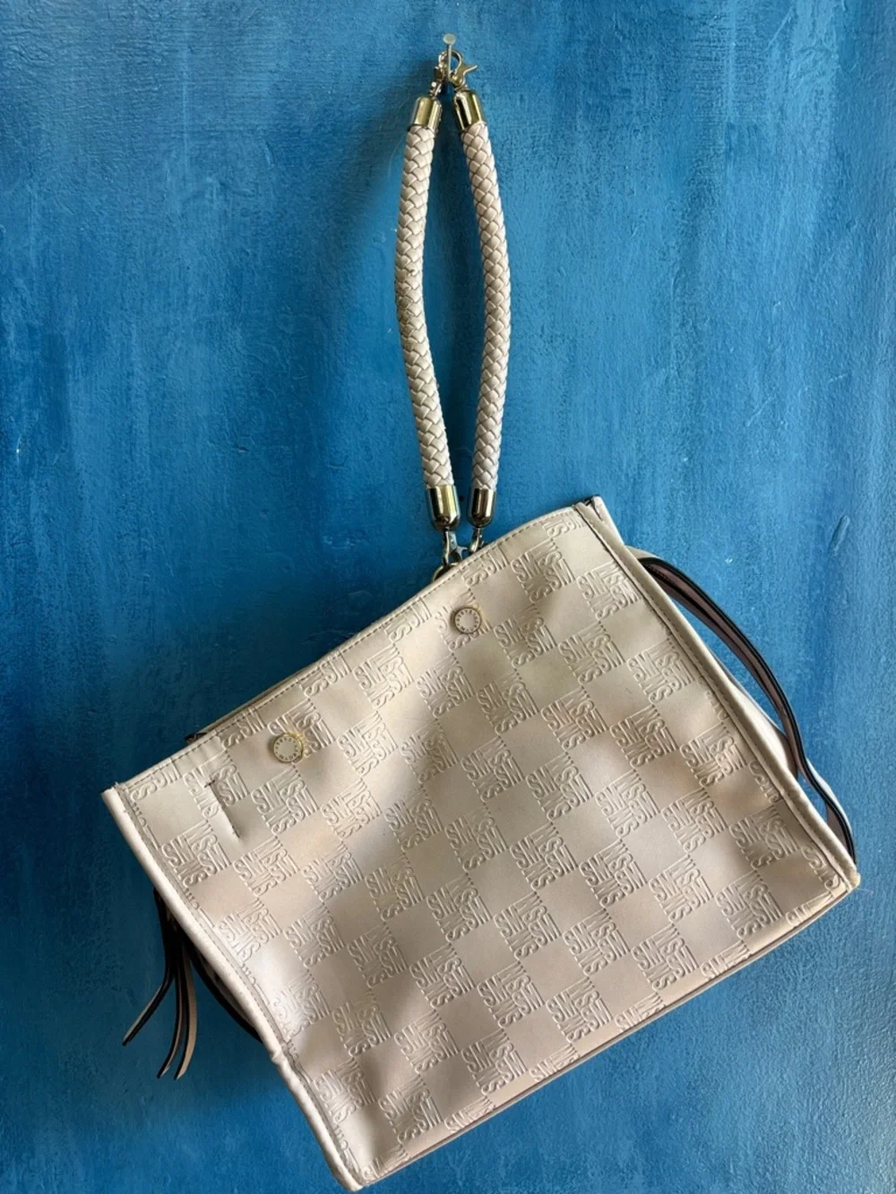 Cream Embossed Women’s Tote Bag with Braided Handle